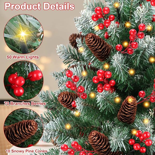 2 PACK 24 INCH SNOW FLOCKED PRELIT CHRISTMAS TREE DECOR WITH 50 WARM LIGHTS RED BERRIES PINE CONES, ARTIFICIAL TABLETOP CHRISTMAS TREE BATTERY OPERATED SMALL XMAS PINE TREE FOR TABLE DESK HOME DECOR