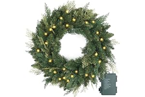 HOMEKAREN Christmas Wreath Pre-lit 24 inch with 50 Led & Cupressus Tips, Battery Operated Artificial Christmas Wreaths for Front Door with Timer Lights, Wreath for Christmas Decoration Door Windows Wall Green