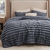 Bedsure Faux Fur Queen Comforter Set - Grey Fluffy Comforter Queen Size, Soft and Cozy Shaggy Winter Bedding Comforter Sets, Warm Luxury Fuzzy Bed Set 3 Pieces, 1 Comforter and 2 Pillowcases