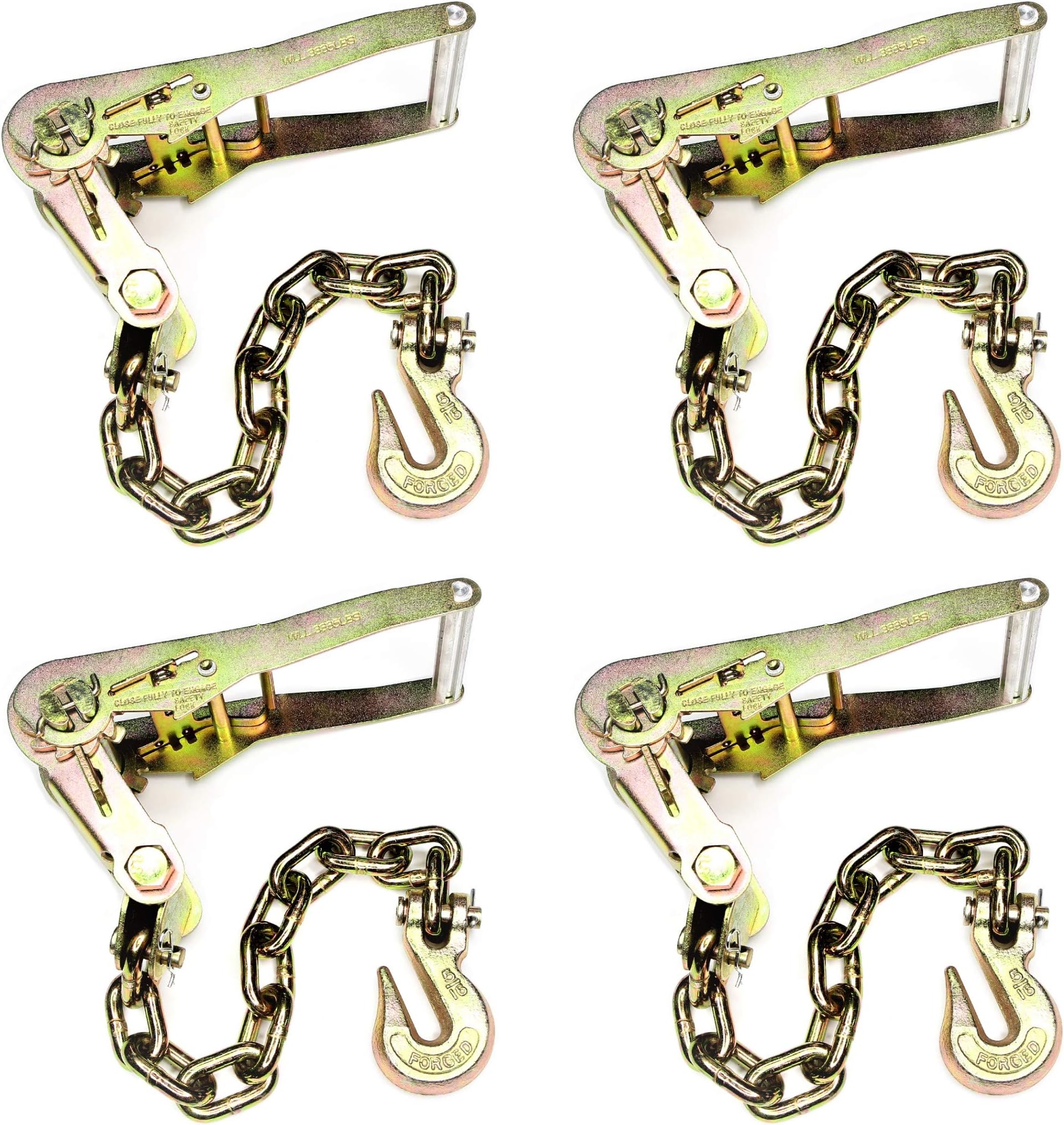 GRIPON (Pack of 4) Auto Hauler with 5/16" Chain Ratchet and 5/16" Clevis Hook Tie Down - Grade 70