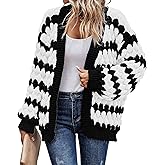 KIRUNDO Womens Cardigan Chunky Fall Fashion Lantern Sleeve Open Front Striped Color Block Cable Knit Winter Sweater Coats