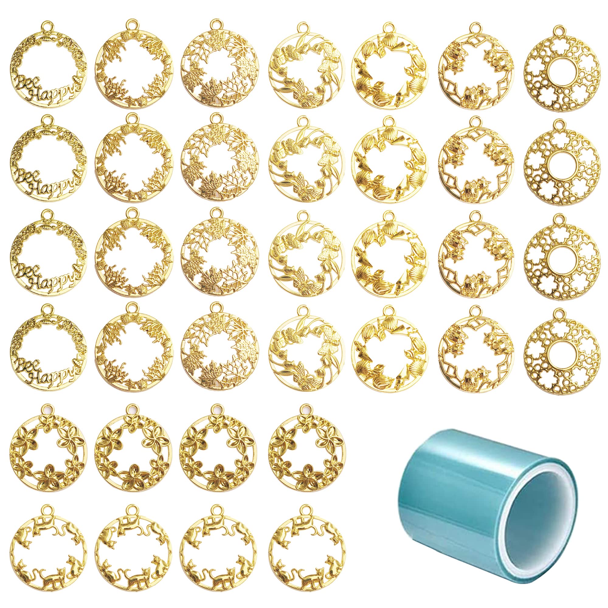 Allazone Open Bezel Charms, 36 Mixed Flower Cat Open Bezels for Resin Casting, Gold Alloy Frame Pendants, Necklace & Earring Making Supplies