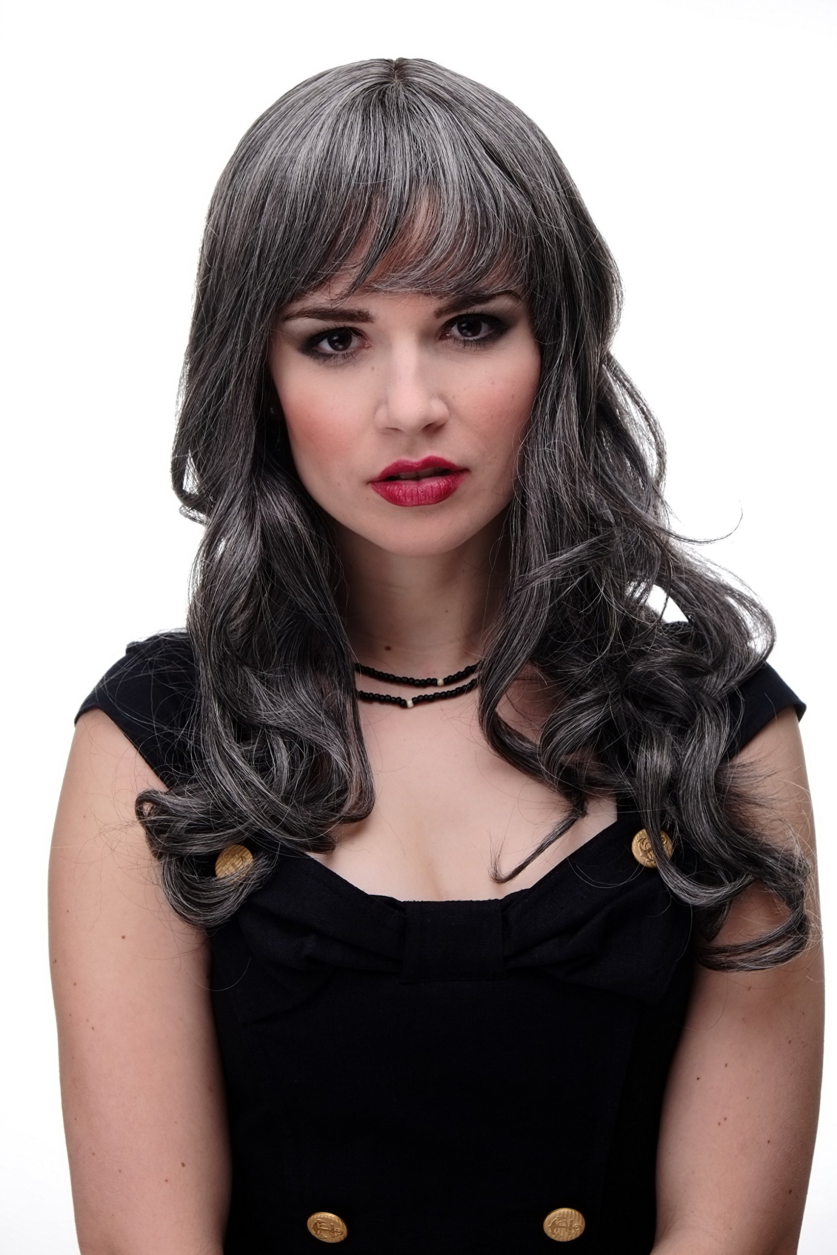 WIG ME UP 285-44 Lady Quality Wig very long beautiful curling ends straight top fringe bangs approx dark grey 25inch