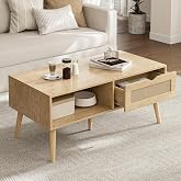 ZttRiee Rattan Coffee Table with Drawer, Boho, Natural | 39.4"L x 19.7"W x 16.9"H, 220 lbs capacity, 1 rattan drawer &amp; open compartments, solid wood legs, ~30 min assembly