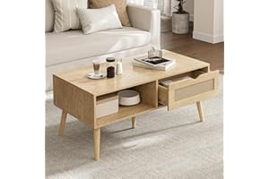 ZttRiee Coffee Table with Storage, Boho Dining Table with Rattan Drawer and Solid Wood Legs, Small Coffee Tables for Living Room, Oak