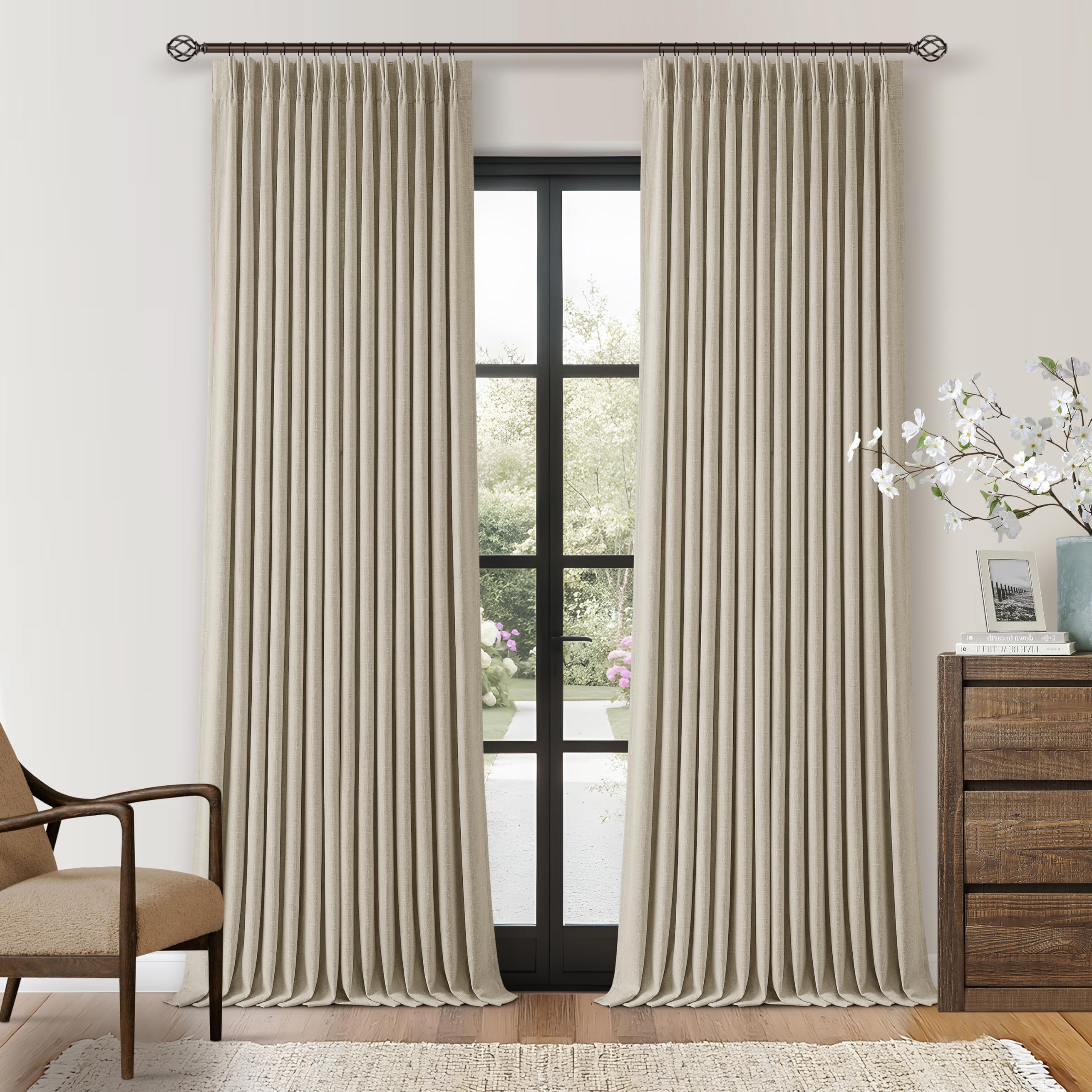 Photo 1 of 112 Inch Linen Blackout Curtains 112 Inches Long for Bedroom Neutral Boho Pinch Pleated 100% Black Out Room Darkening Sound Dampening Window Drapes Double Layer Soundproof 112 Inch Curtains Oatmeal