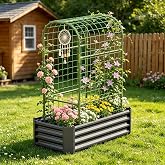 Diolong Raised Garden Bed with 59in Arched Trellis,Metal Planter Box,Black | Galvanized Raised Garden Bed ,Outdoor Drainage Design,Climbing Net for Gardening Flowers Vegetables Fruits Herbs