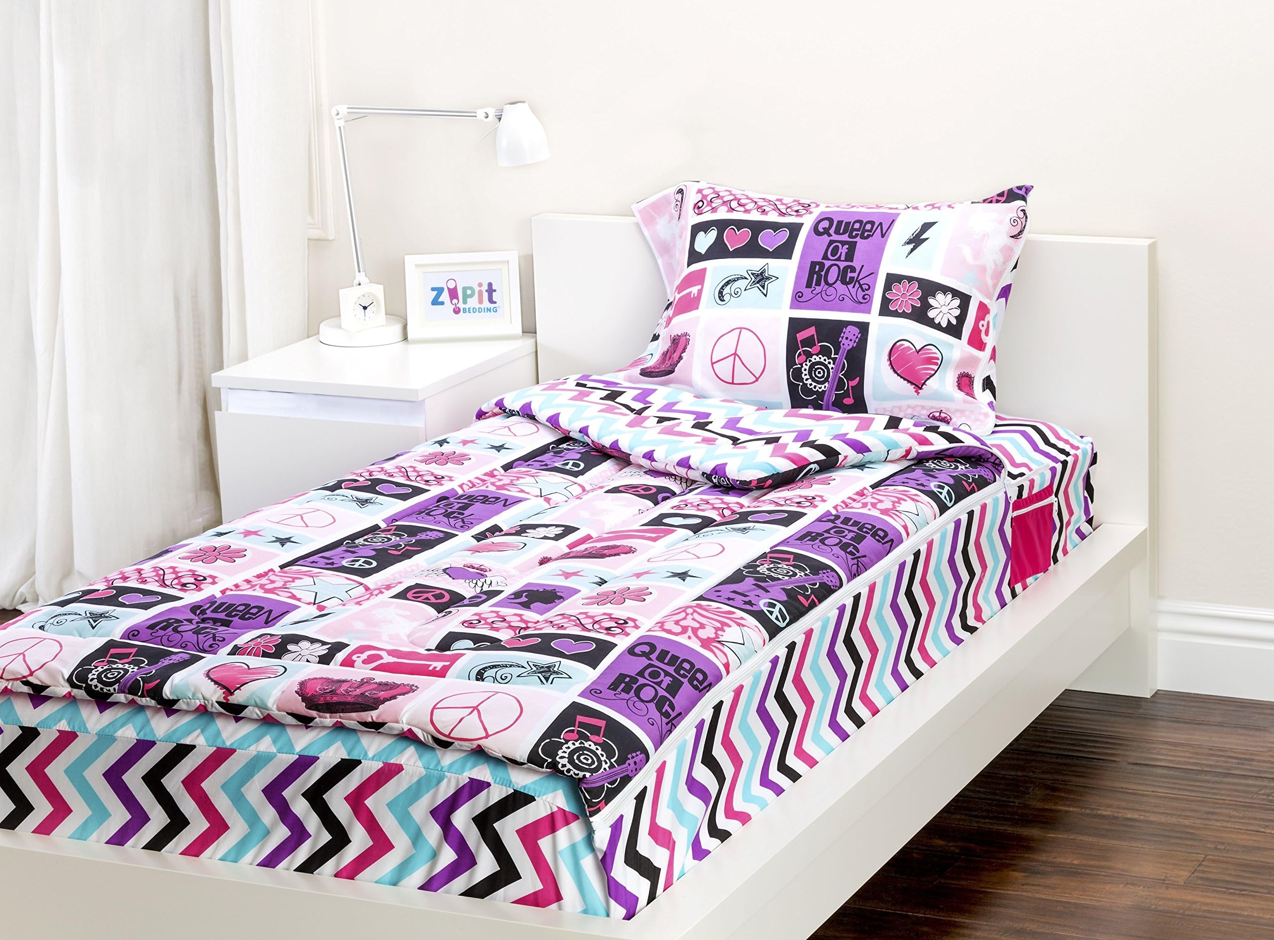 Zipit Bedding Set, Rock Princess - Twin - Zip-Up Your Sheets And Comforter Like A Sleeping Bag! Twin Rock Princess
