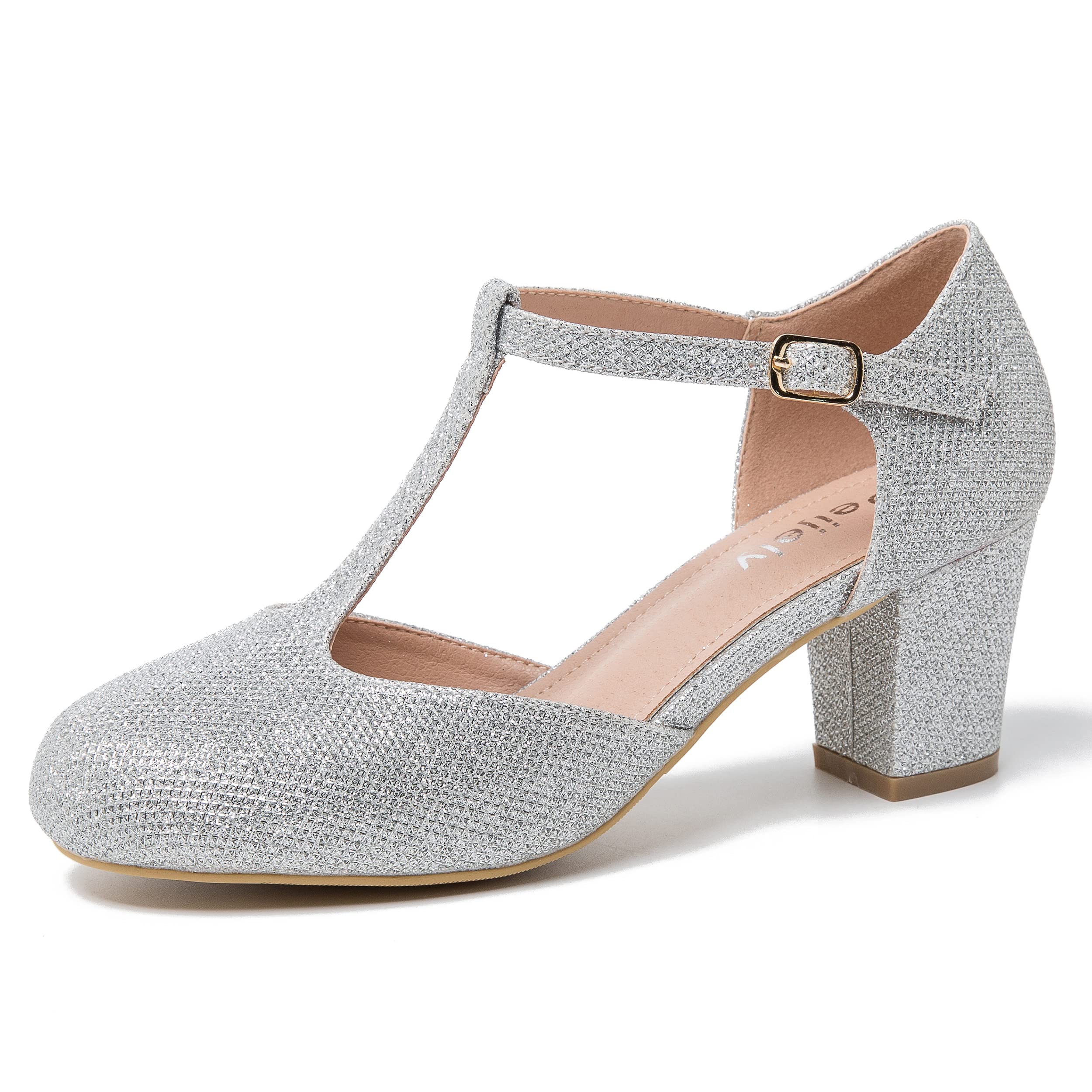 Photo 1 of Peijely Womens T Strap Mary Jane Shoes Chunky Block Heel Ankle Strap Buckle Dress Pumps Sparkly Silver 45 - US 11.5