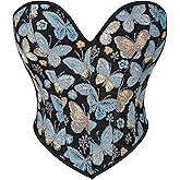 QIAIYALA Blue Butterfly Pattern Corset Top for Women Floral Bustier Lace Up Boned Overbust Lingerie Bodyshaper