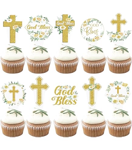 Gyufise 24 Topper Per Cupcake Con Croce Glitterata Oro Rosa, Per Prima Comunione E Battesimo, Decorazioni Festa Religiosa - 2