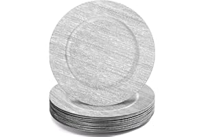 Jucoan 12 Pack Silver Charger Plates, 13 Inch Reusable Plastic Dinner Chargers with Linear Pattern, Decorative Serving Plates