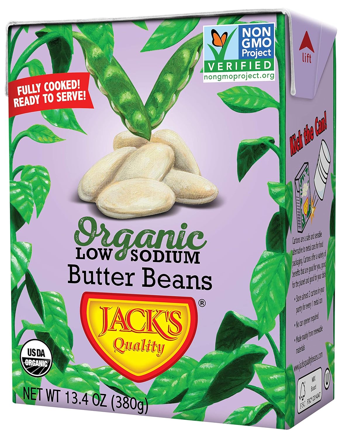 Jack's Organic Butter Beans (8 PACK) &ndash; Filled with Protein & Fiber, Heart Healthy, Low Sodium, Non GMO, BPA Free, Ready-to-eat, 100% Sustainable Packaging with Easy Open Tearstrip, [13.4oz cartons]