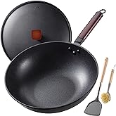 Teewe Carbon Steel Wok -13 Inch Woks & Stir-fry Pans Nonstick, Wok Pan with Lid Spatula and Dish Brush: Pre-Seasoned Flat Bottom Chinese Woks for Induction, Electric, Gas, All Stoves