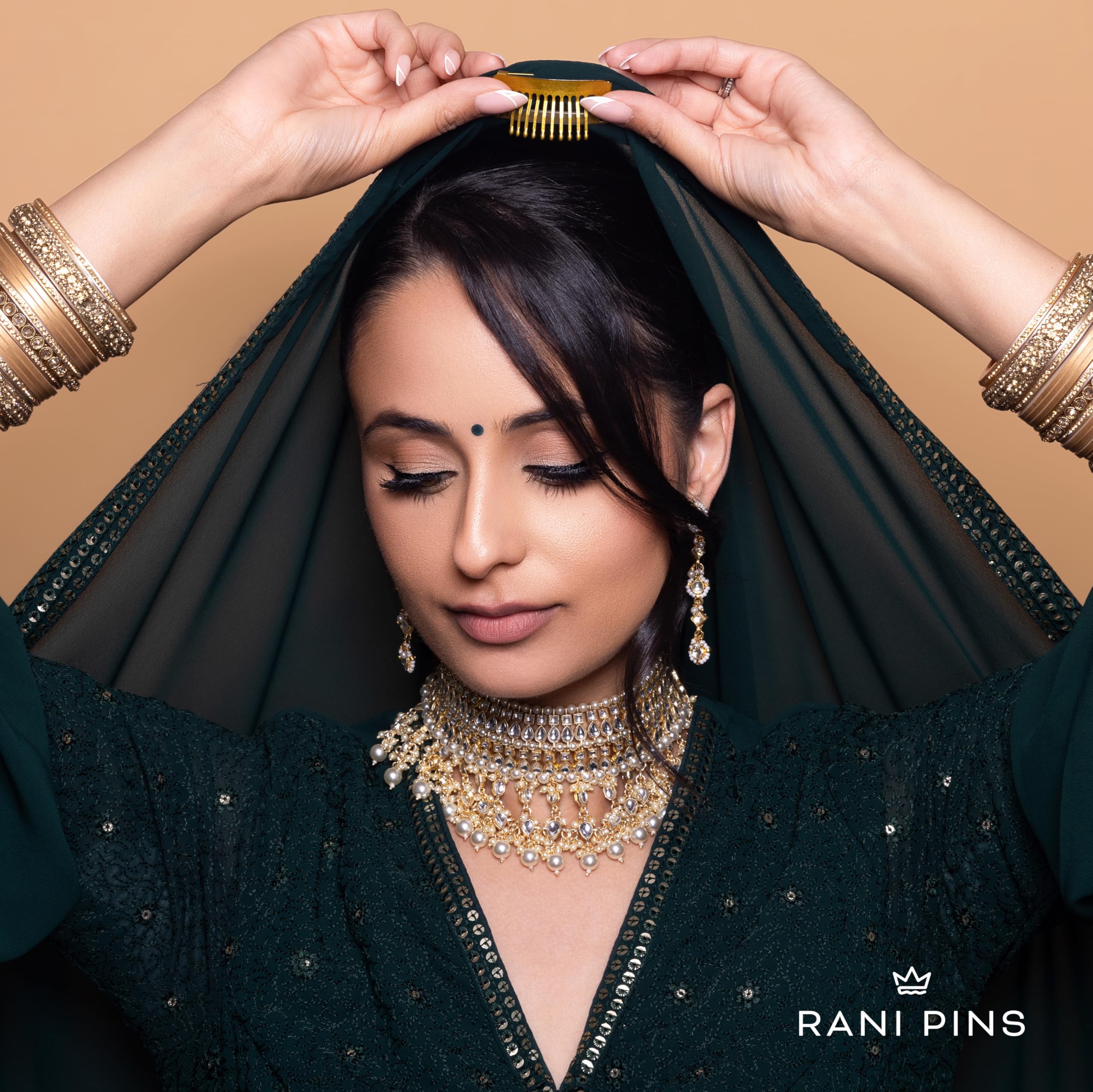 Rani Pins® Premium 6 Large Heavy Duty Dupatta Clips, Chunni Clips with Safety Pin - Black, Gold, and Silver - Securely Attach Dupatta, Chunni, Hijab, Veils, Wigs & More to Hair Quickly & Easily