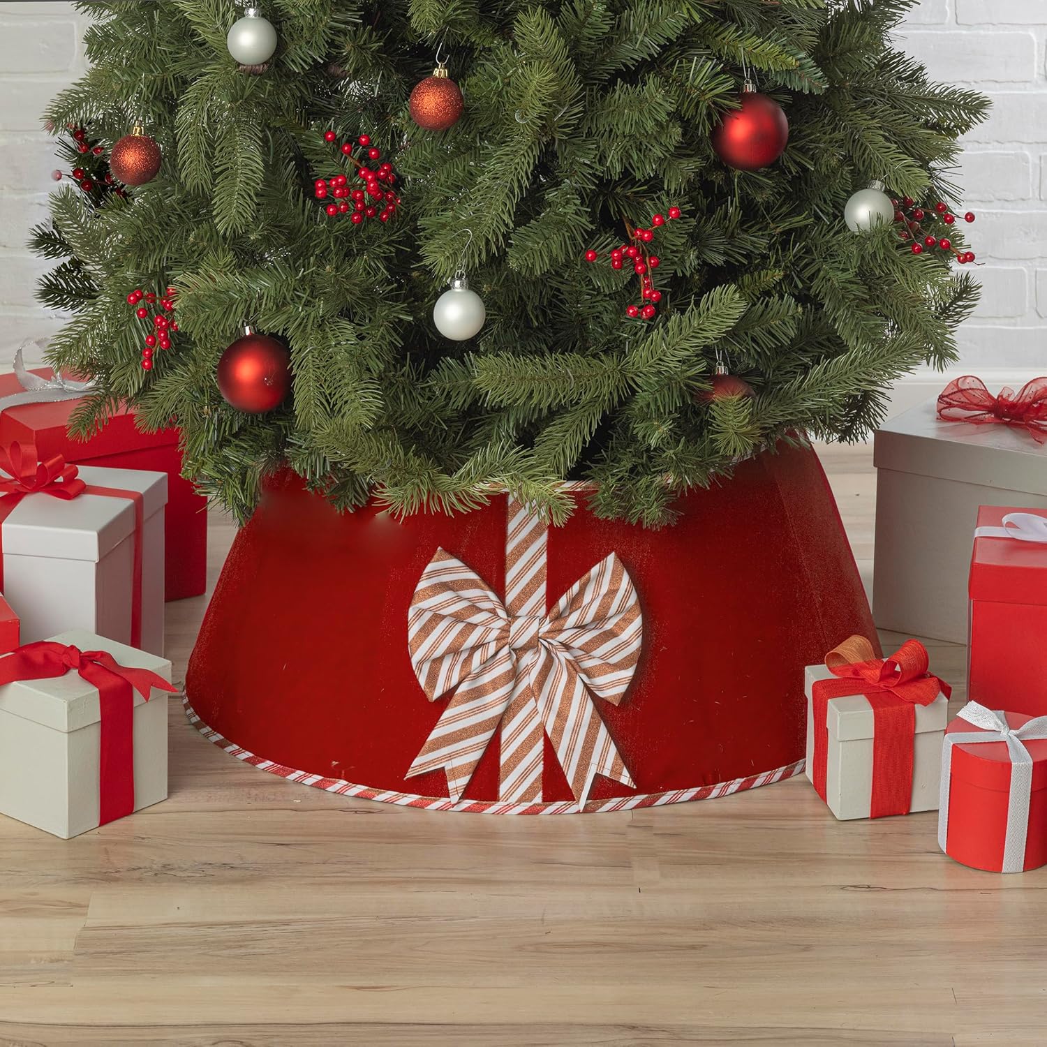 Tree Stands - New Traditions - Christmas Tree Collar Stand Band - Red Velvet with White & Red Glitter Candy Cane Striped Bow