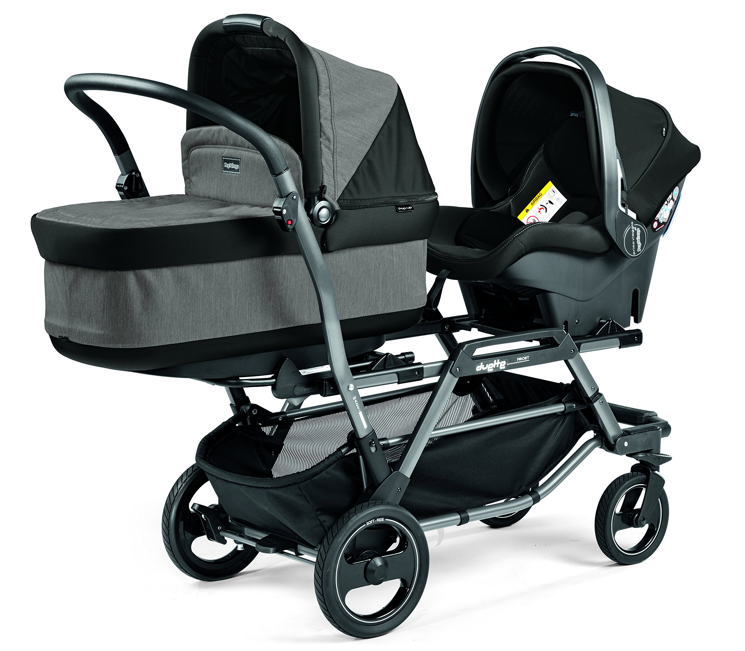 Peg Perego Duette Piroet - Double tandem Stroller - compatible with Primo Viaggio infant car seats - Made in Italy - Atmosphere (Grey)