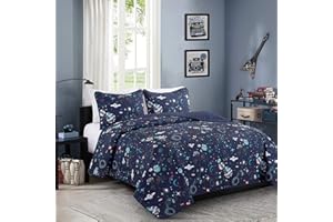 WPM WORLD PRODUCTS MART WPM Blue Planet Universe Theme Quilt Set Stars Space Galaxy Rocket Print Full Size Bedspread Coverlet with Pillow Shams (Pandora, Full)