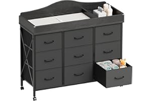 YeTom Baby Changing Table with 9 Fabric Drawers, Waterproof Diaper Changing Station & Pad, Mobile Nursery Diaper Changing Table, Baby Furniture, Bedroom, Black