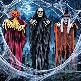3 Pack Halloween Hanging Skeletons Witch Decorations Outdoor Indoor Decor | 53'' Grim Reaper+38.5'' Witch &amp; Scarecrow, Spider Web, Posable, Scary Hanging Props for Porch Tree Yard Lawn Garden Graveyard