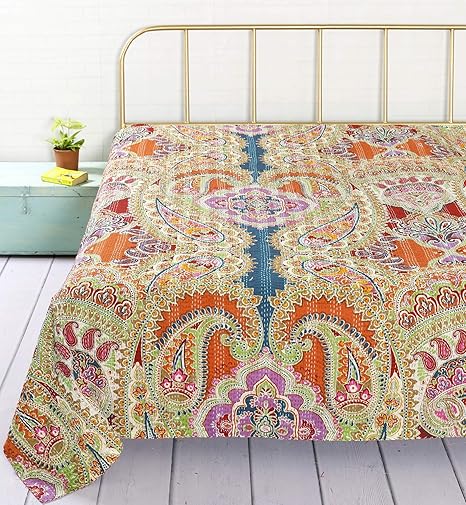 HANDICRAFT-PALACE Paisley Design Kantha Stitched Quilt Bedspread Gudari Hand Printed Cotton Bedding Quilt for Double (Multi Color)