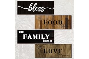 LUHIMO 4 PCS Kitchen Wood Texture Wall Decor,Bless Food Family Love Living Room Decor and Accessories Rustic Farmhouse Wooden Hanging Wall Art Signs and Decoration for Dining Room（DEEP COLOUR)