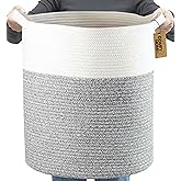 COMFY-HOMI XXL Large Laundry Basket with Handles Blanket Baskets Living Room|Woven Cotton Rope Decorative Basket Laundry Hamper Baby Basket Nursery Dog Toy Storage Organizer Bin-16”x18”-White Grey