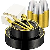 ISFANGCO 350 PCS Black and Gold Dinnerware Set for 50 Guests, Black Plastic Disposable Plates with Gold Rim for Party -50 Dinner Plates, 50 Dessert Plates, 150 Silverware Set,50 Napkins and 50 Cups