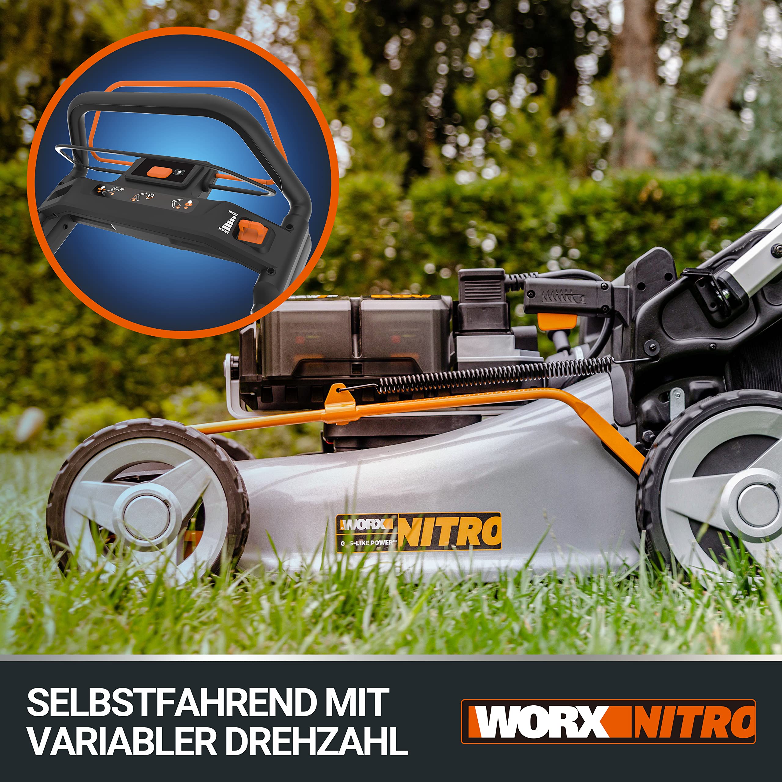 WORX WG761E Nitro Profi Akku Rasenmäher 80V (4x20V) - Kraftvoller Bürstenloser Motor - Radantrieb - 51cm Schnittbreite, 7 Schnitthöhen - Einhand-Schnitthöhenverstellung - mit 4x4Ah Akkus & Powerbank 6