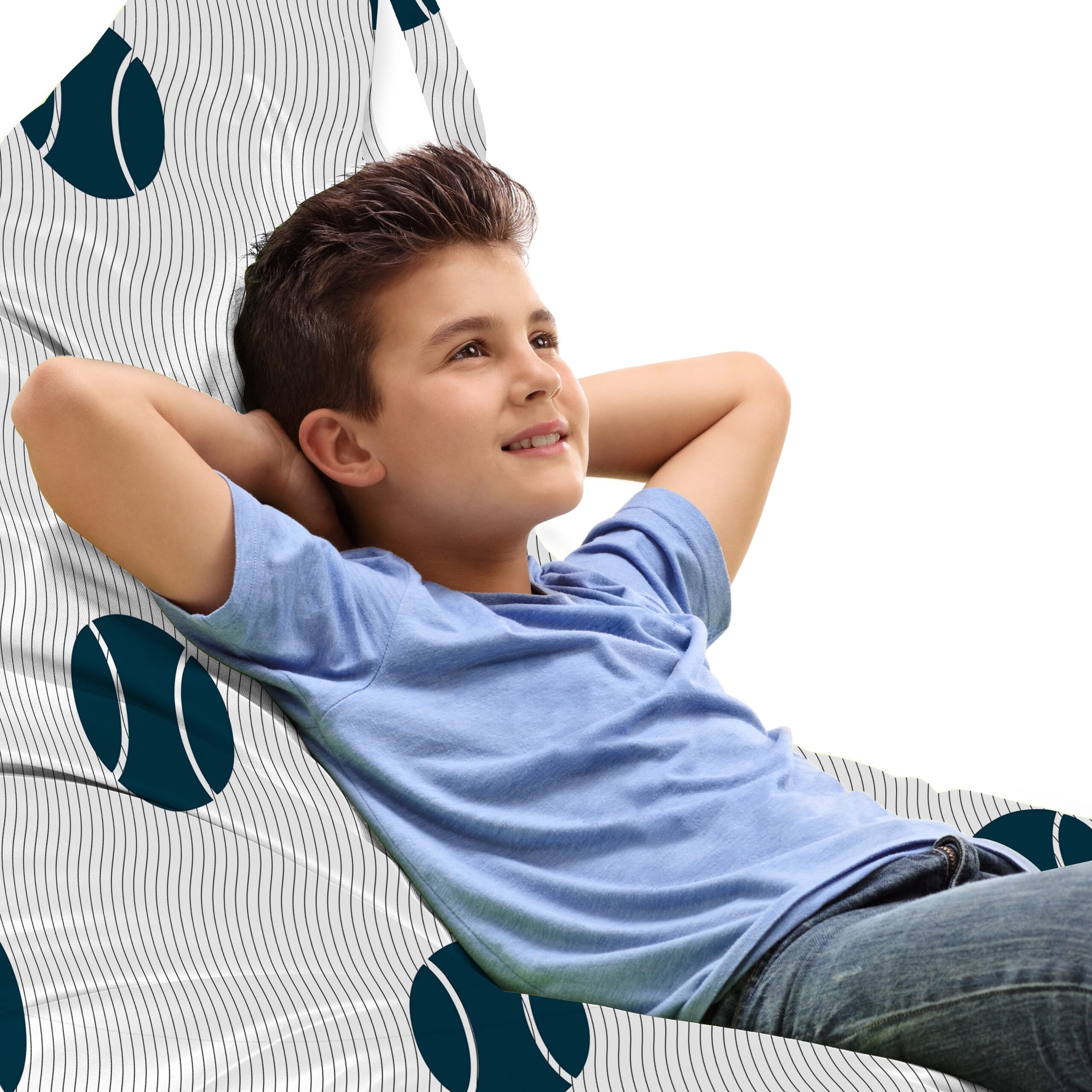 ABAKUHAUS Baseball Toy Bag Lounger Chair, Vertical Softball Motifs, High Capacity Stuffed Animal Storage with Handle, Dark Petrol Blue White