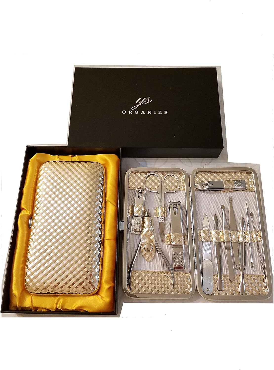 Y.S. organize Professional Manicure Travel Set for Men and Women. 12 Pieces kit of Stainless Steel Manicure & Pedicure Tools. Nail Clippers and Grooming Kit in an Beautiful Gold Metallic case: Home & Kitchen