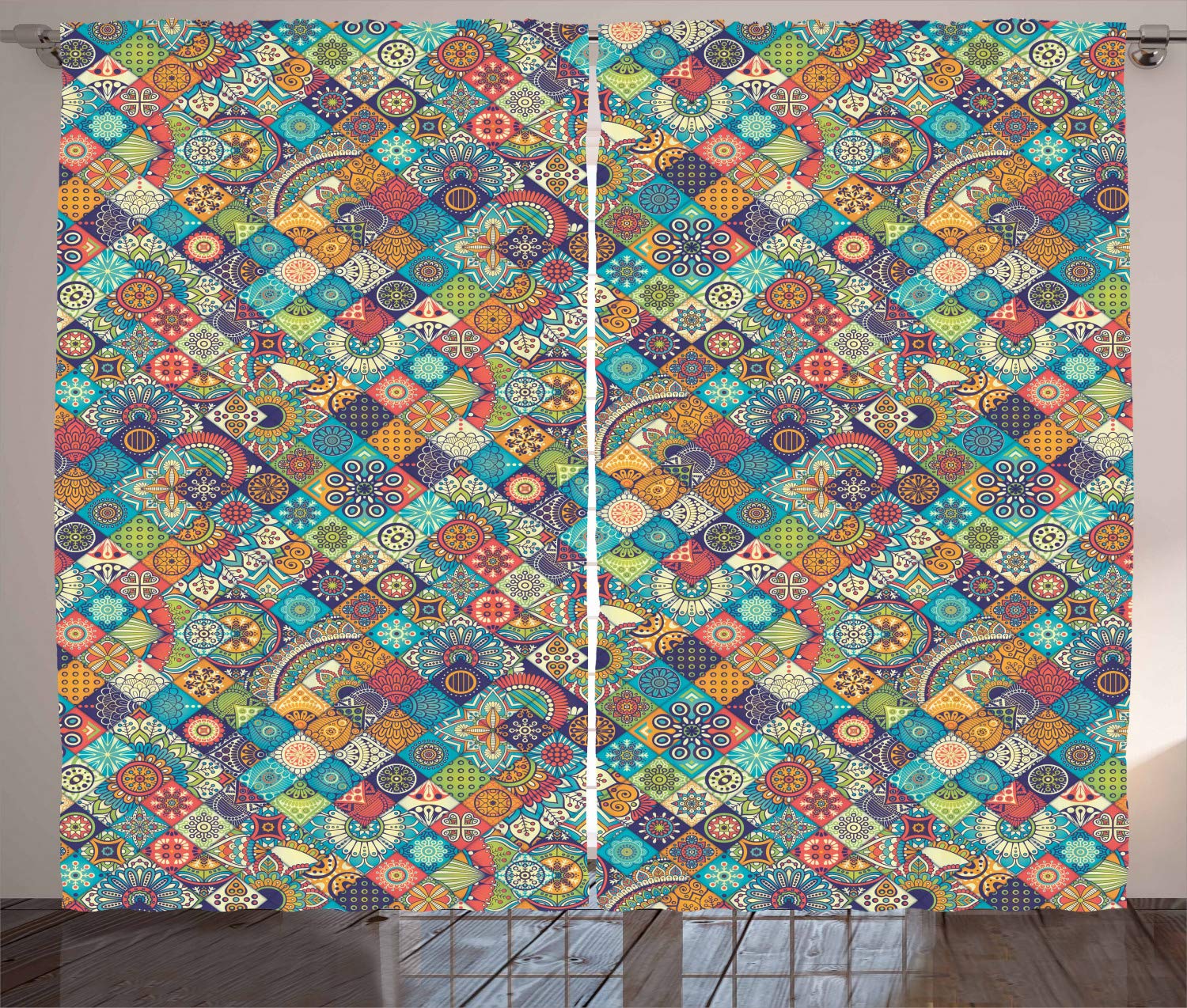 ABAKUHAUS Moroccan Curtains, Floral Abstract Ornate Floral Arrangement Oriental Motifs Foliage Pattern, Living Room Bedroom Window Drapes 2 Panel Set, 280 x 225 cm, Multicolored — image 1