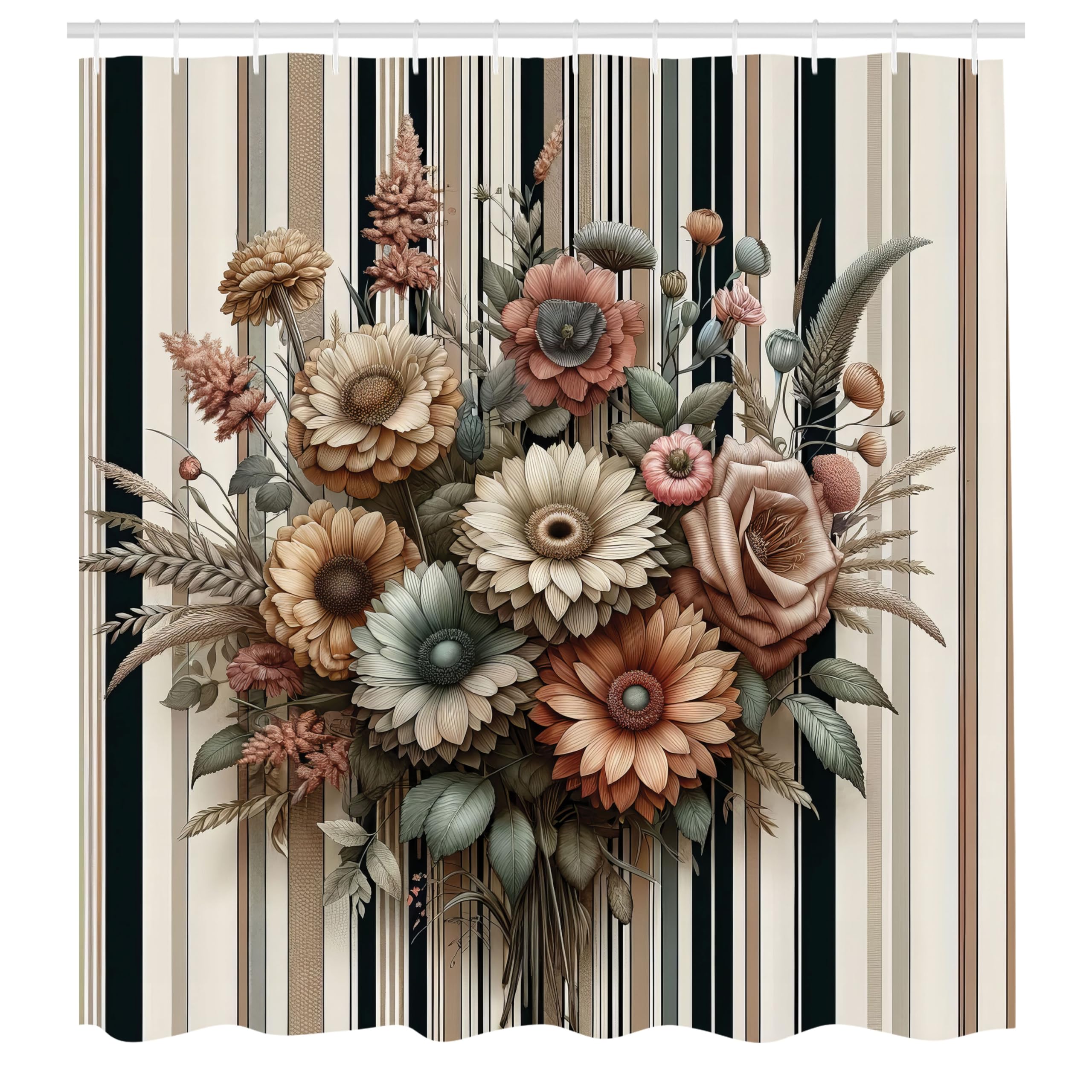 ABAKUHAUS Floral Shower Curtain, Vintage Rustic Bloom Lines, Cloth Fabric Bathroom Decor Set with Hooks, 175 x 200 cm, Pale Cinnamon Sage Green