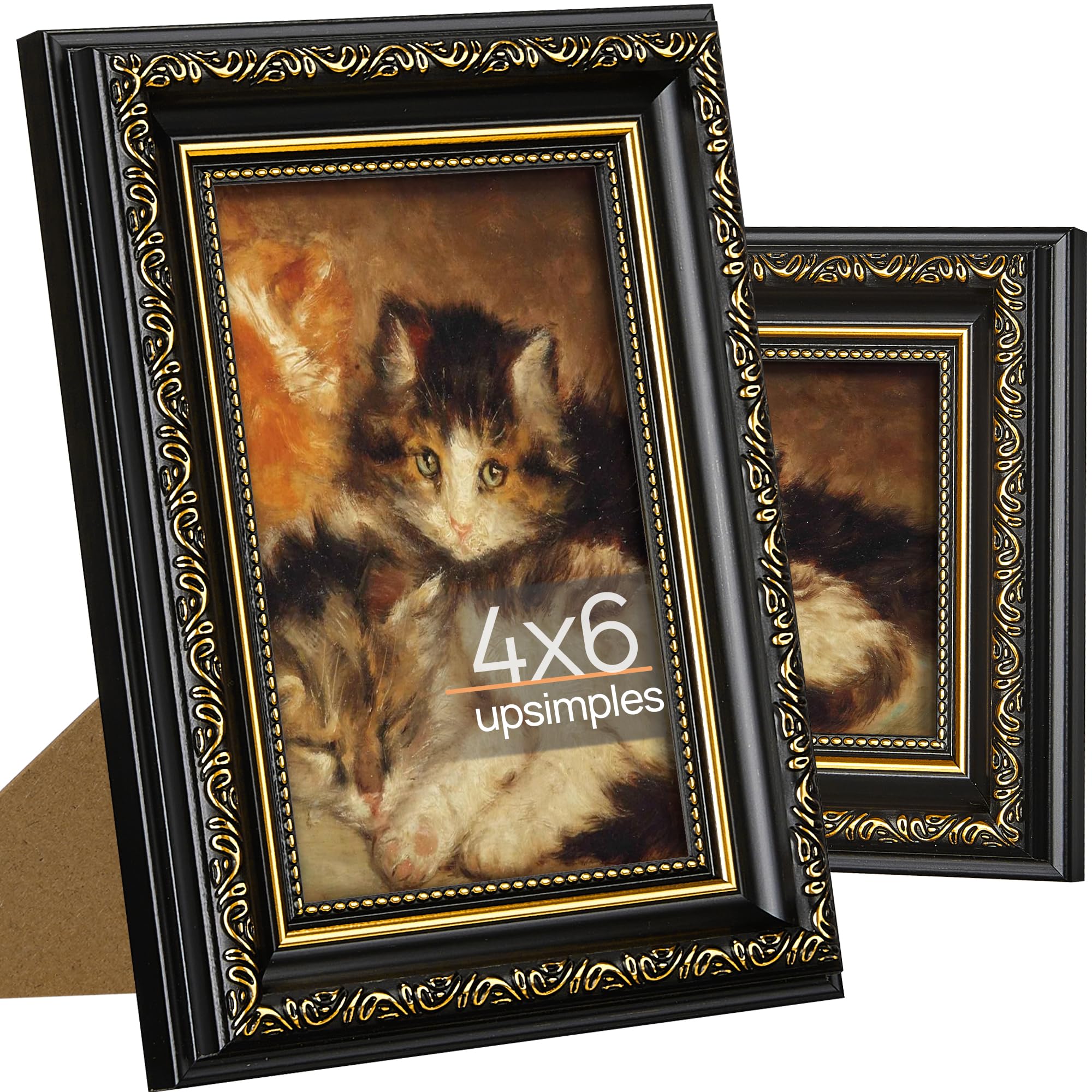 Photo 1 of upsimples 4x6 Picture Frame with Real Glass, Ornate Vintage 4 x 6 Photo Frames for Wall Decor or Tabletop Display, Black and Gold, 2 Pack