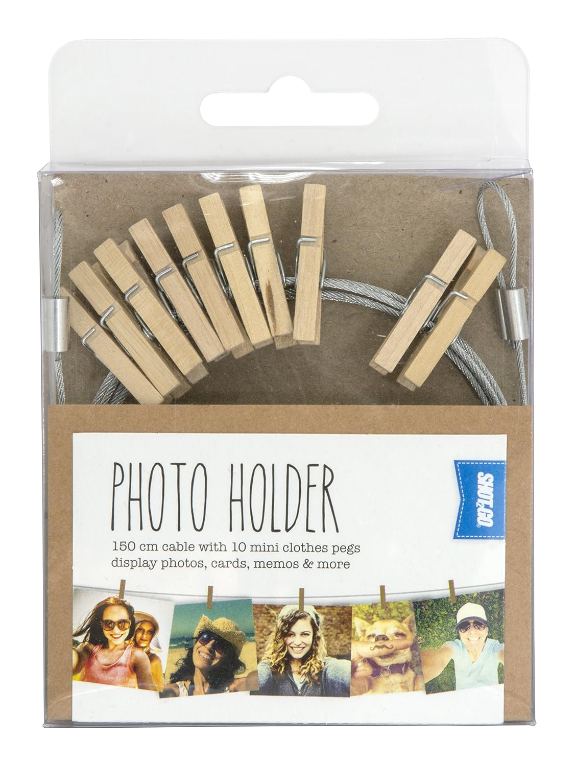 Shot2go wooden peg card/photo holder. 10 mini pegs on 150cm metal cable