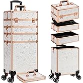 AROUS Rolling Makeup Train Case 5 in 1 Cosmetology Case on Wheels Large Cosmetic Organizer Travel Cart for Hairstylist Artist Nail Beauty Salon Barber,White