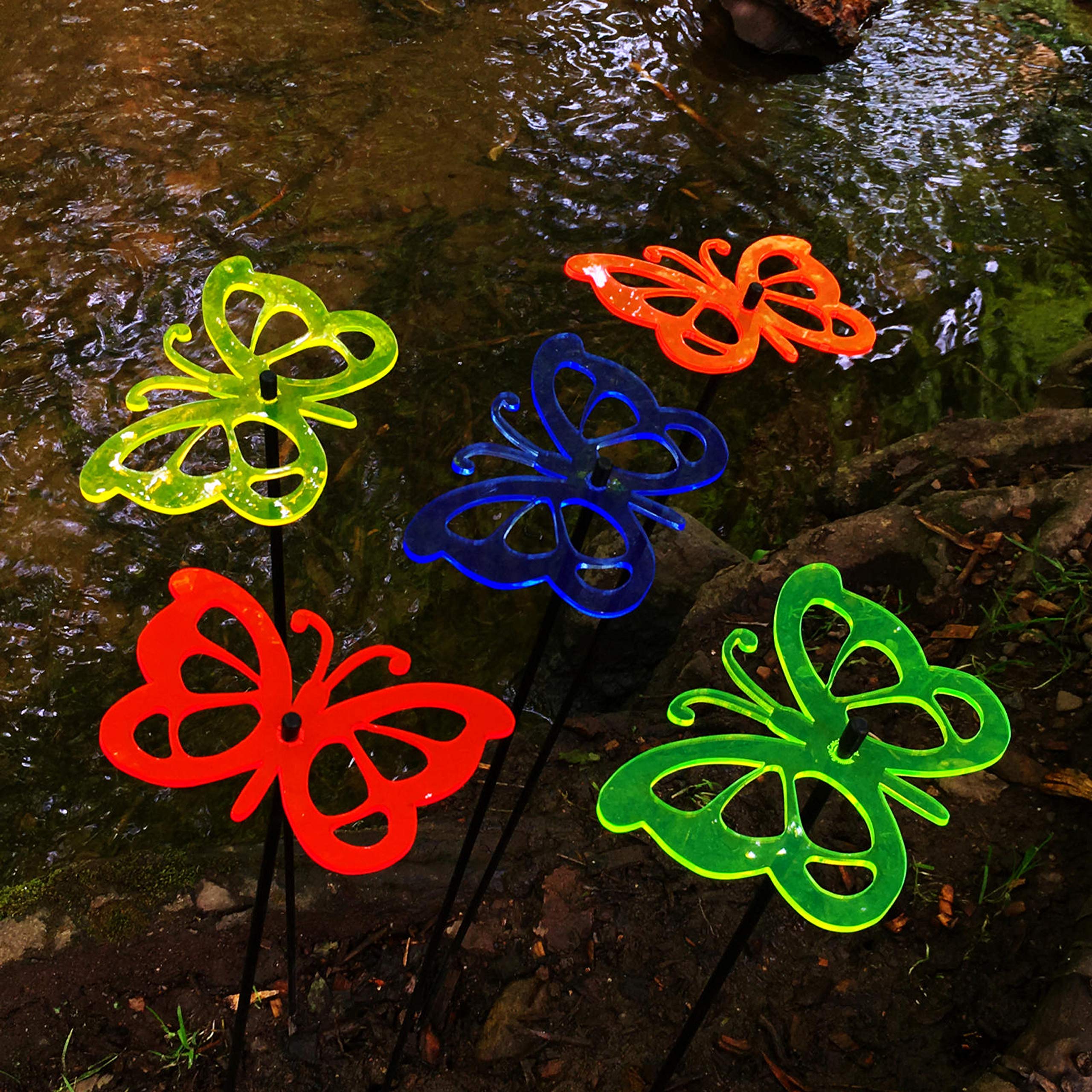 Sun Catcher Garden Decor Vibrant Glowing Ornamental Comma Butterfly Set of 5 Large Stakes 75cm, 29.5 inch high Outdoor Yard Gardeners Gift, Colour:mixed colours