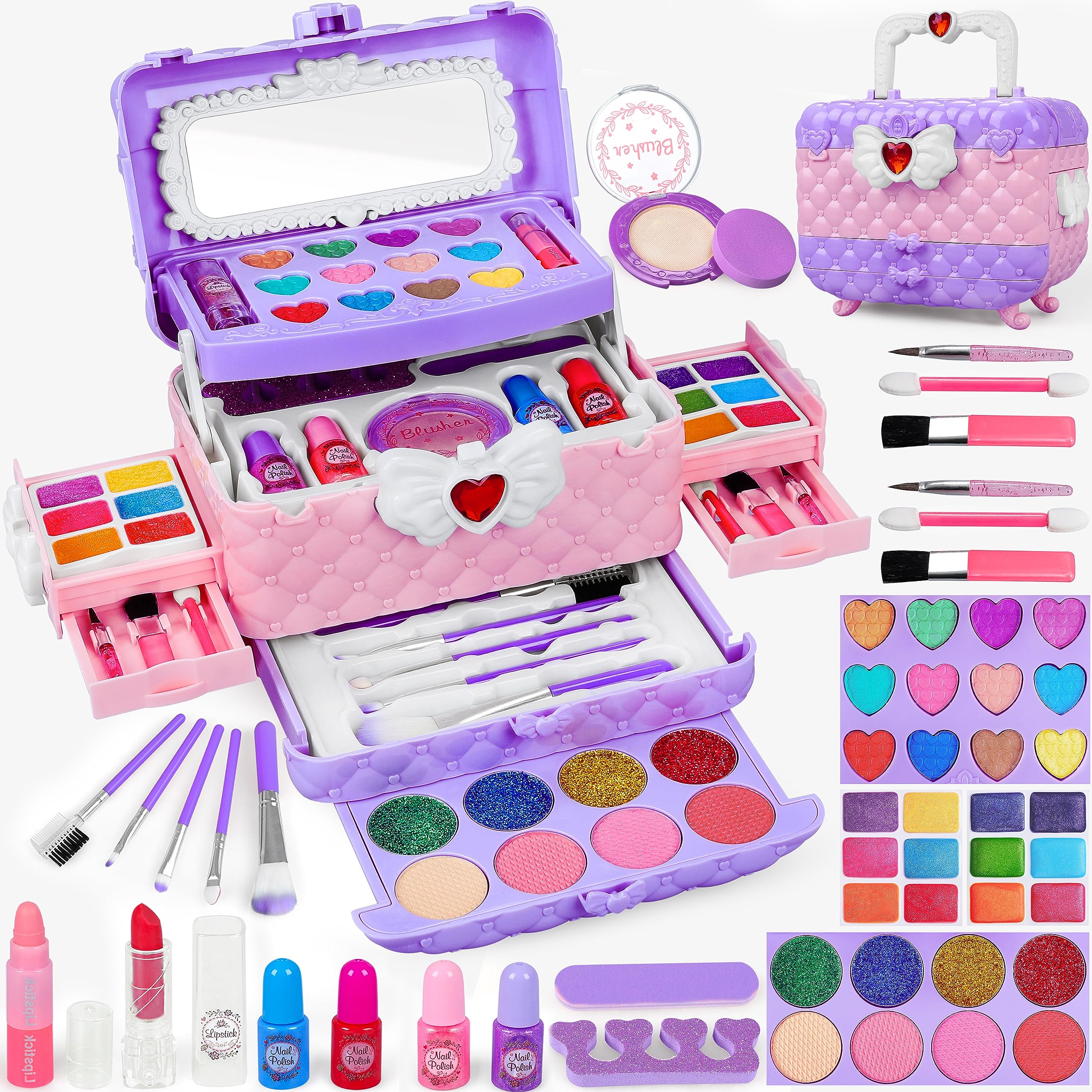 Photo 1 of 54 Pcs Kids Makeup Kit for Girls, Princess Real Washable Pretend Play Cosmetic Set Toys with Mirror, Birthday Gifts for 3 4 5 6 7 8 9 10+Years Old Girls Kids (Light Purple)