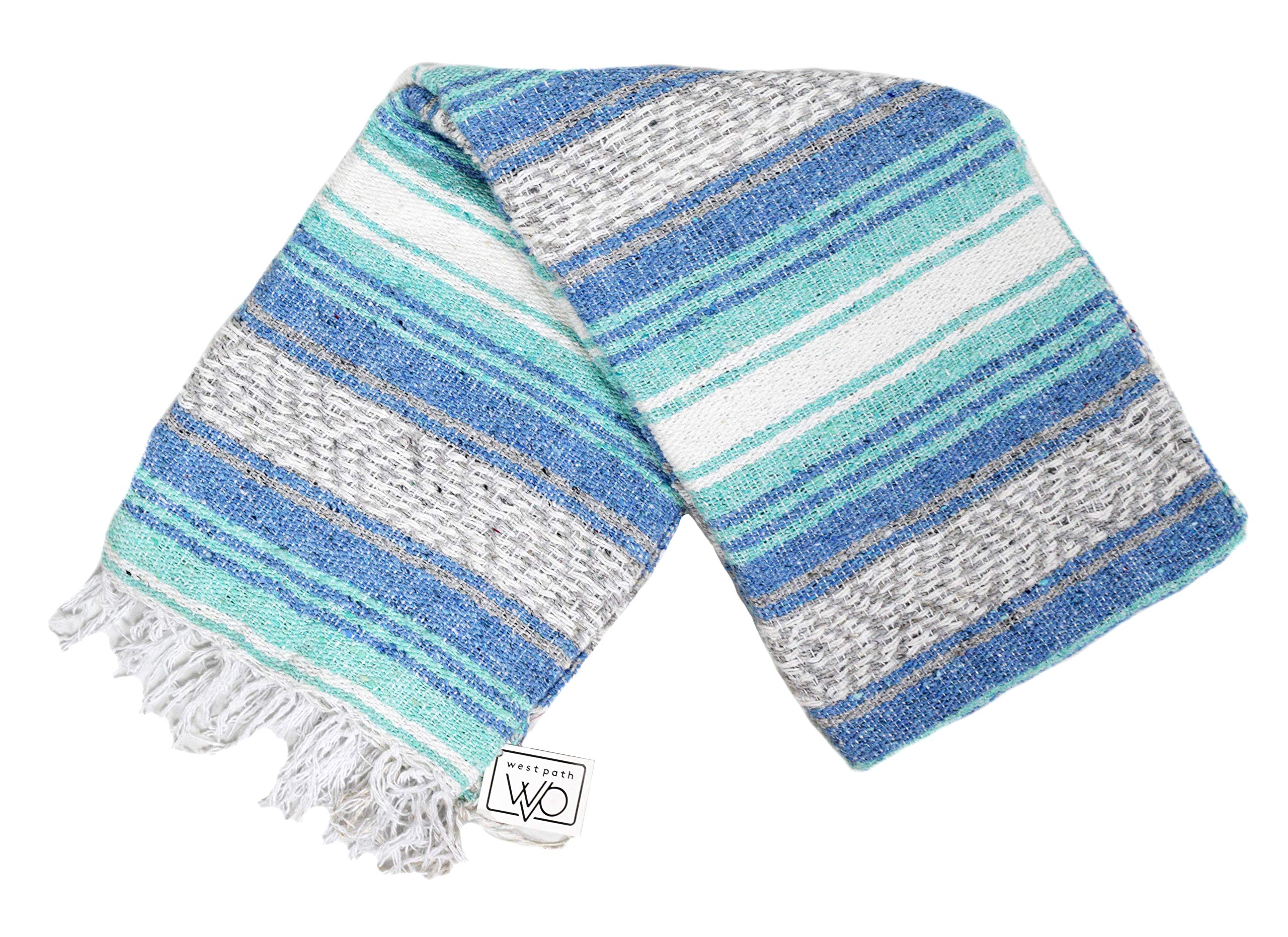 Open Road Goods Mexican Blanket | Authentic Falsa Blanket - Blue & Grey, 73" x 48", Handwoven