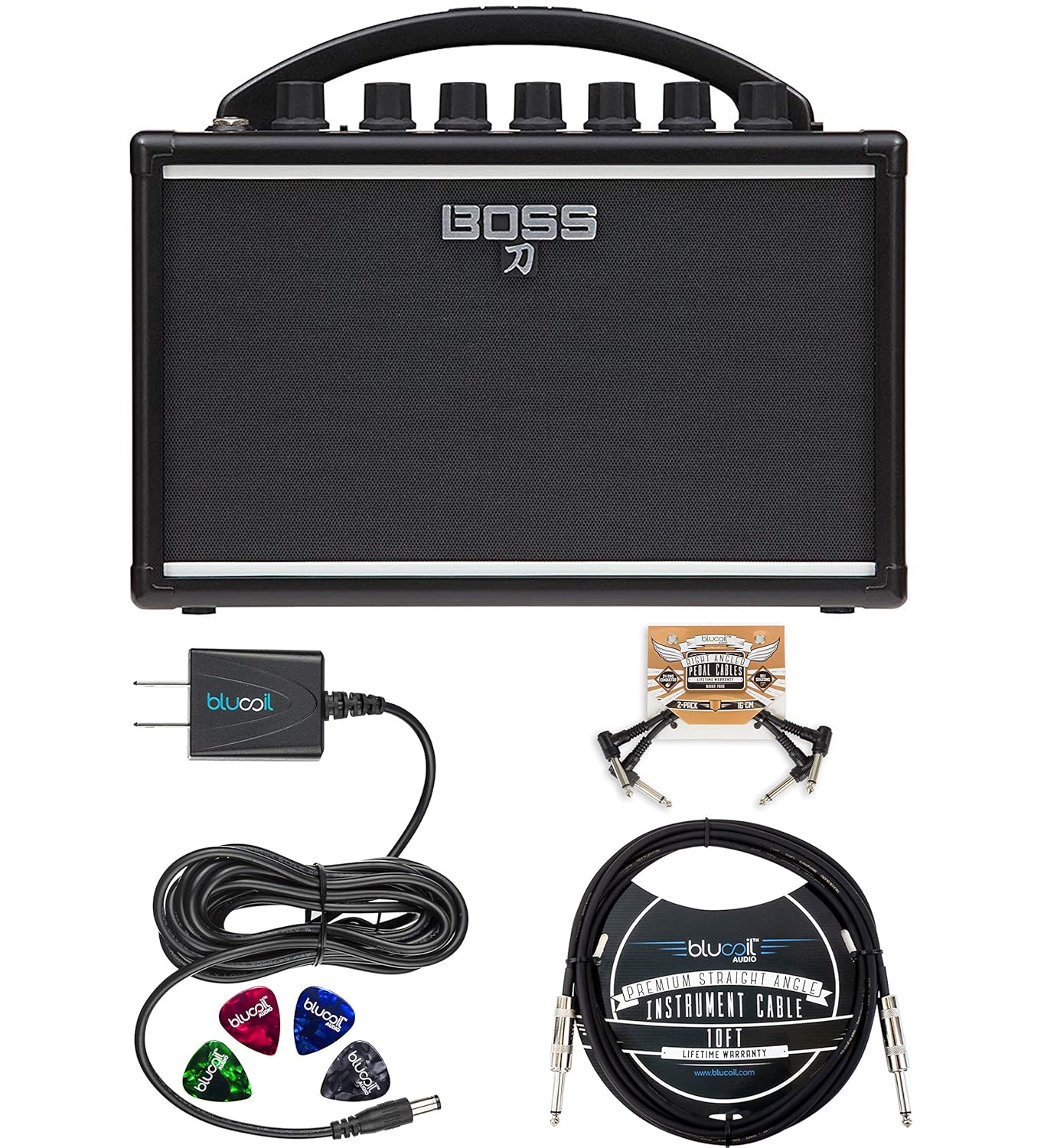 BOSS Katana Mini Amp 7W Solid State Amplifier Bundle with Blucoil Slim 9V 670ma Power Supply AC Adapter, Blucoil 10-FT Mono Instrument Cable, 2-Pack of Pedal Patch Cables, and 4x Guitar Picks