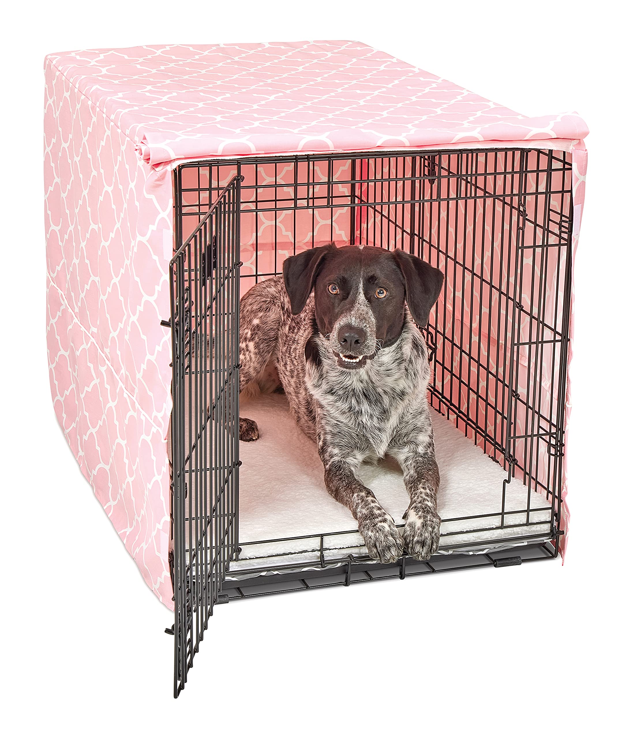 New World Intermediate Dog Crate Cover Featuring Teflon Fabric Protector, Poly-Cotton Privacy Kennel Cover Fits Most 91cm Crates, Pink Designer Print, Machine Washable, Reduces Barking
