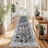 Yamaziot Washable Runner Rug 2x8 – Non Slip Boho Floral Hallway Runner Rug with Rubber Backing, Low Pile Faux Wool Distressed Carpet for Kitchen, Laundry, Bedroom, Entrance, Navy/Black