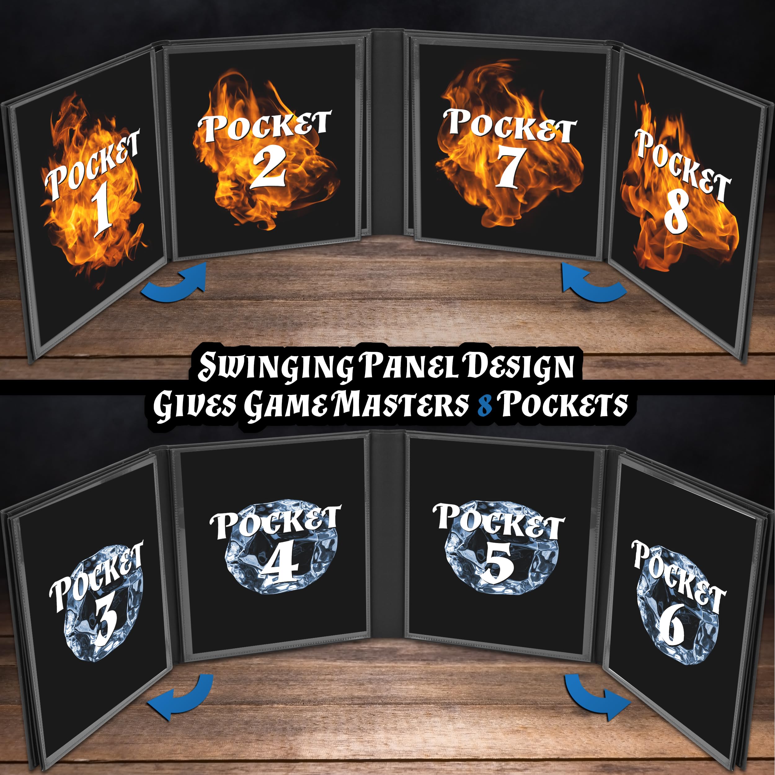 CASEMATIX DM Screen Faux Leather 8-Panel Deluxe GM Screen - Eight Panel Folding Dungeon Master Screen with 2 Swinging Panels and Wet Erase Pockets for TTRPGs - Inserts Not Included