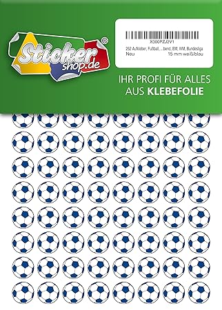 252 Aufkleber, Fußball, Sticker, 15 mm, weiß/blau, aus PVC, Folie, bedruckt, selbstklebend, EM, WM, Bundesliga
