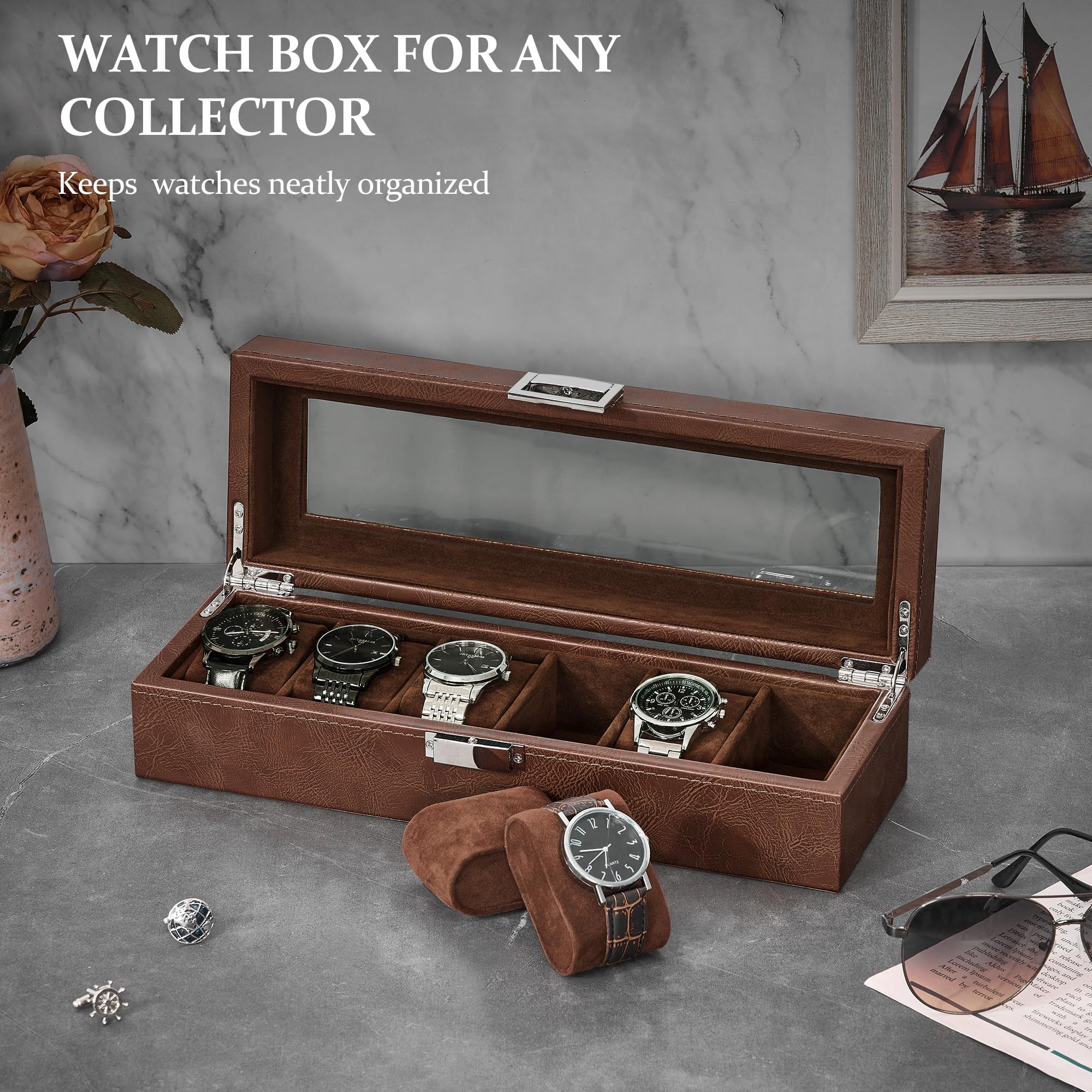 BEWISHOME Watch Box, 6 Slot Watch Cases for Men Watch Holder, Leather Watch Display Case with Large Glass Lid, Watch Storage with Soft Pillow, Brown SSH13Z