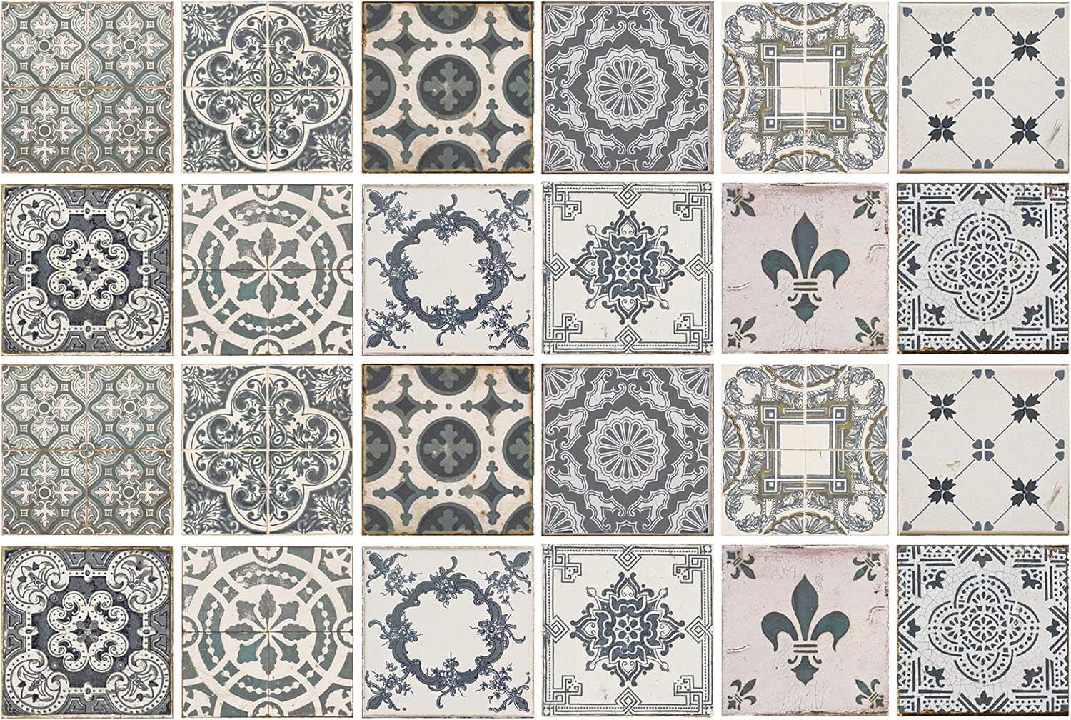 WALPLUS 120 pcs 15cm (6") Vintage Blue Tile Stickers Peel and Stick Self-Adhesive Vinyl Wall Tiles for Kitchen Bathroom Bedroom Backsplash DIY Home Décor