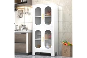 PAOFIN White Pantry Storage Cabinet, Kitchen Pantry Cabinet with Acrylic Glass Doors and Shelves, Kitchen Pantry with Adjustable Leveling Foot for Kitchen, Living Room and Dinning Room. 61" H