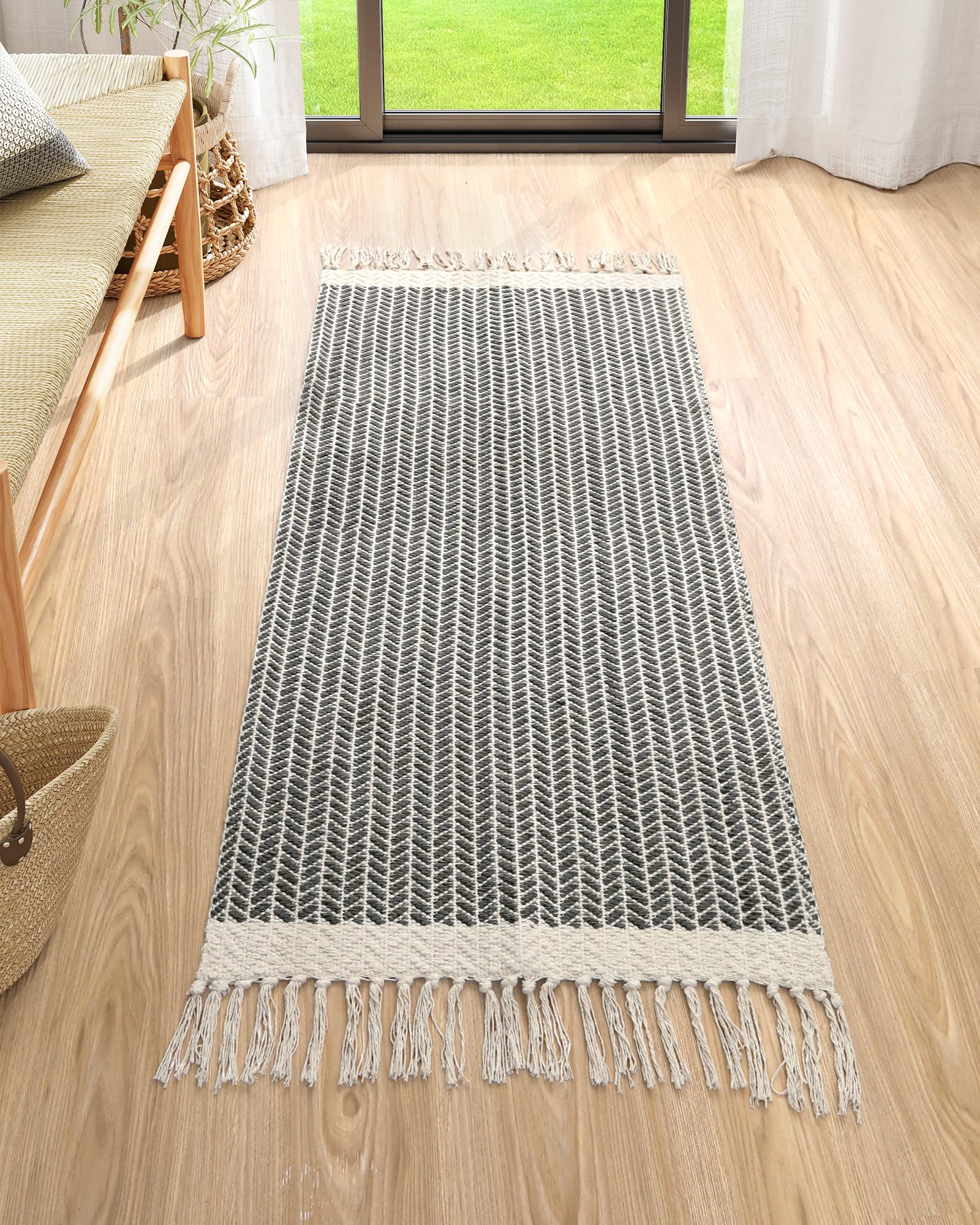 Photo 1 of Lahome Boho Kitchen Runner, 2x4.3 Bathroom Runner Rug Lightweight Entryway Rug Woven Cotton Throw Mat with Tassels, Farmhouse Non Shedding Washable Grey Rugs Low Pile for Bedroom Doorway