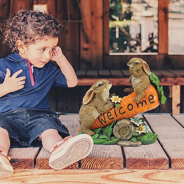 DESIGN TOSCANO HF317387 BUNNY BUNCH RABBITS OUTDOOR GARDEN STATUE WELCOME SIGN, 10 INCH, FULL COLOR