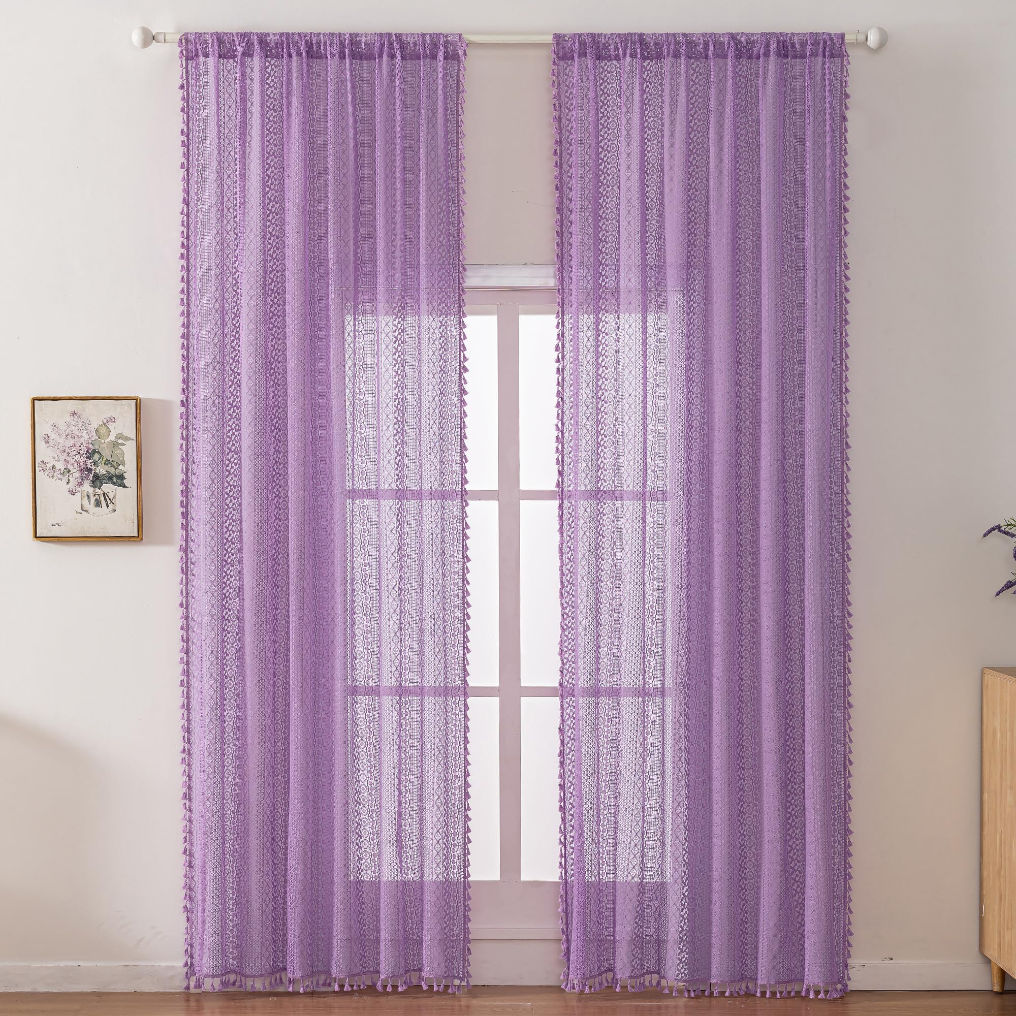WAZZIO Lavender Purple Sheer Curtains 84 Inches Long 2 Panels, Cotton Semi-Sheer Window Drapes with Tassel Trim, Boho Light Filtering Sheers for Bedroom & Living Room (Set of 2, W59 xL84) Image